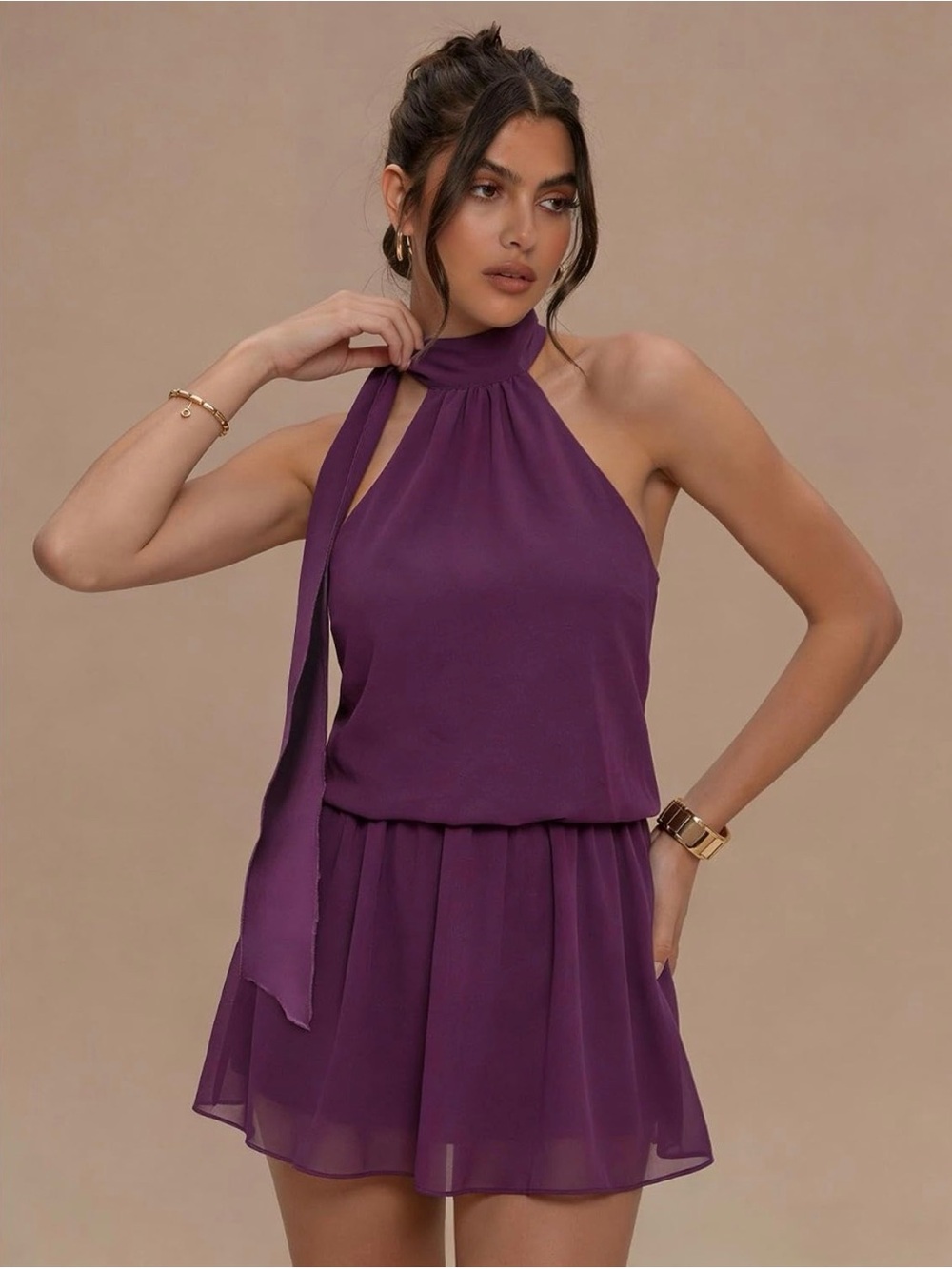 Purple Halter Tie Mini Dress